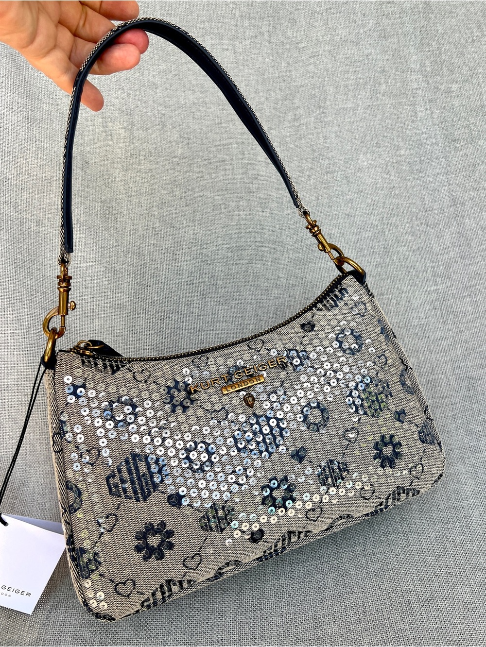 Kurt Geiger Highgate Shoulder Sequined textile bag logo gray navy